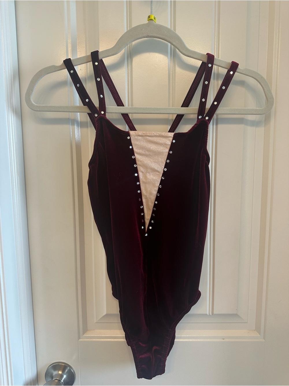 Velvet Stud-Trim leotard with Contrast Inset - Burgundy